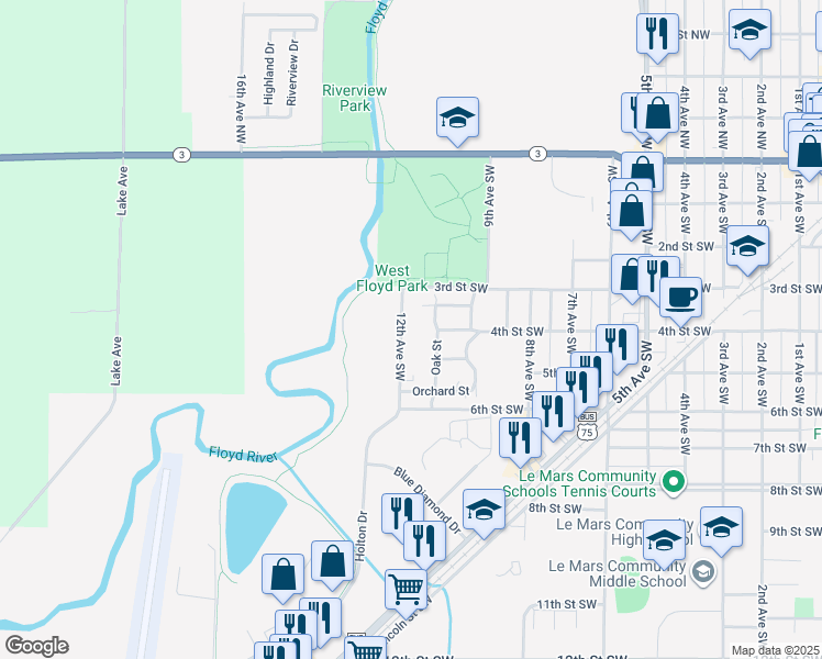 map of restaurants, bars, coffee shops, grocery stores, and more near 416 12th Avenue Southwest in Le Mars