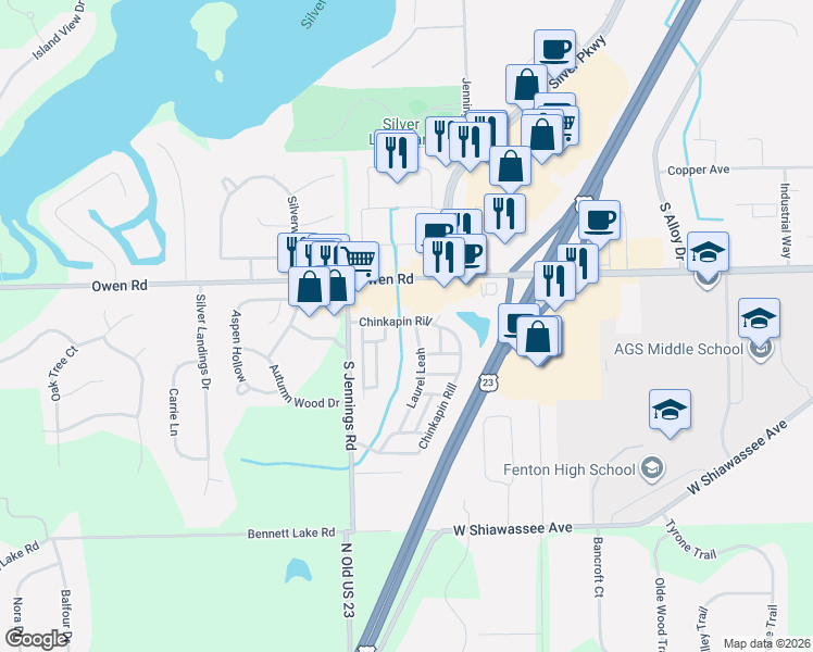 map of restaurants, bars, coffee shops, grocery stores, and more near 138 Chinkapin Rill in Fenton