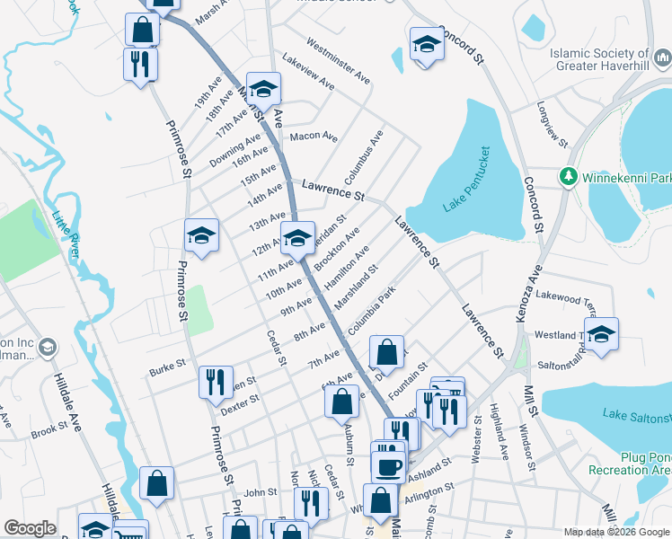 map of restaurants, bars, coffee shops, grocery stores, and more near 22 Brockton Avenue in Haverhill