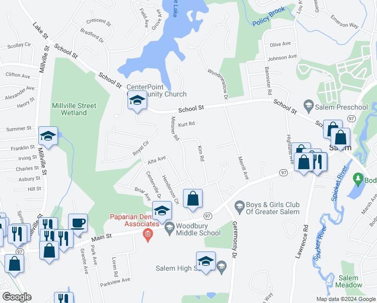 map of restaurants, bars, coffee shops, grocery stores, and more near 2 Kim Road in Salem