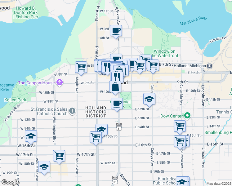 map of restaurants, bars, coffee shops, grocery stores, and more near in Holland