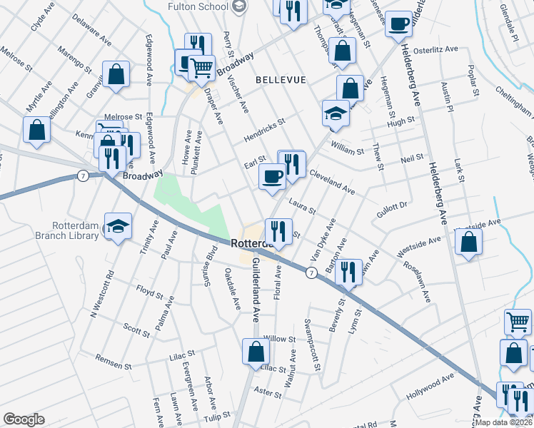 map of restaurants, bars, coffee shops, grocery stores, and more near 929 Draper Avenue in Rotterdam