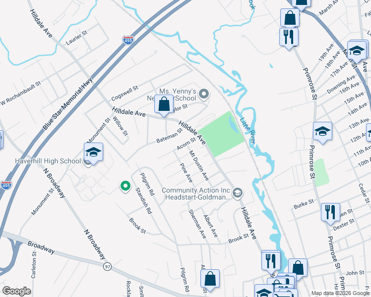 map of restaurants, bars, coffee shops, grocery stores, and more near 13 Acorn Street in Haverhill