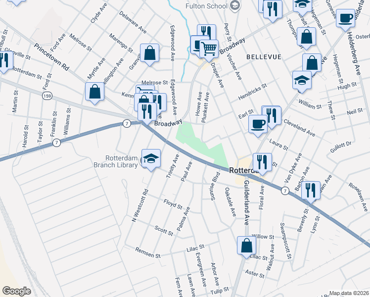 map of restaurants, bars, coffee shops, grocery stores, and more near 721 Curry Road in Schenectady