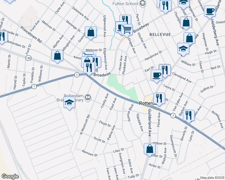 map of restaurants, bars, coffee shops, grocery stores, and more near 721 Curry Road in Schenectady