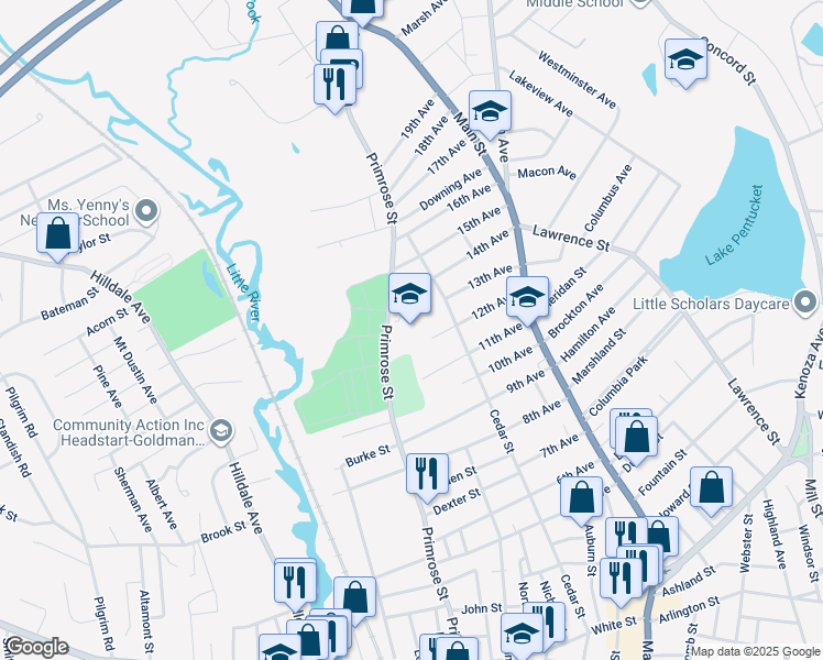 map of restaurants, bars, coffee shops, grocery stores, and more near 415 Primrose Street in Haverhill