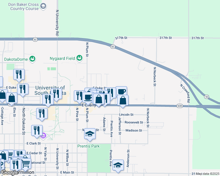 map of restaurants, bars, coffee shops, grocery stores, and more near 903 East Duke Street in Vermillion