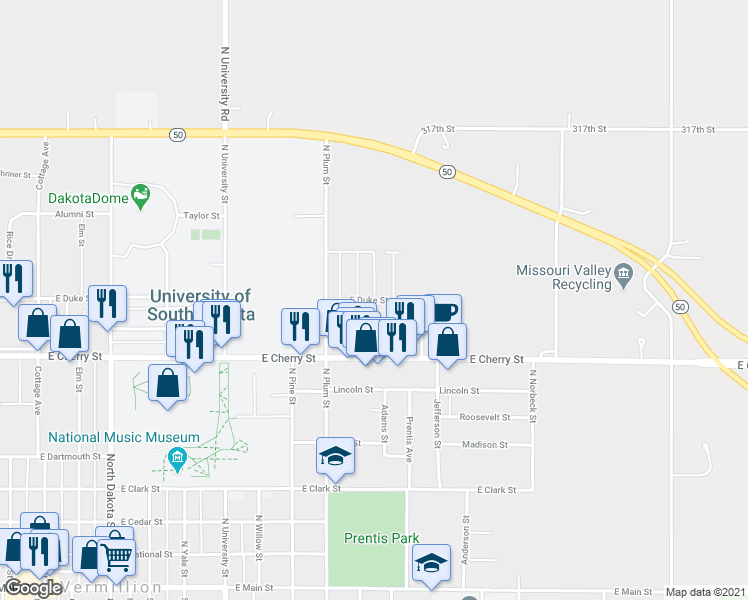map of restaurants, bars, coffee shops, grocery stores, and more near 859 East Duke Street in Vermillion
