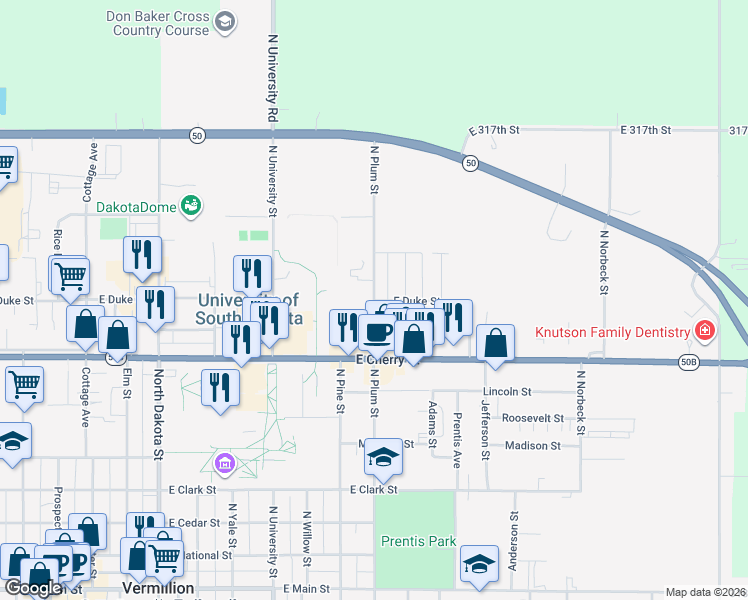 map of restaurants, bars, coffee shops, grocery stores, and more near 808 North Plum Street in Vermillion