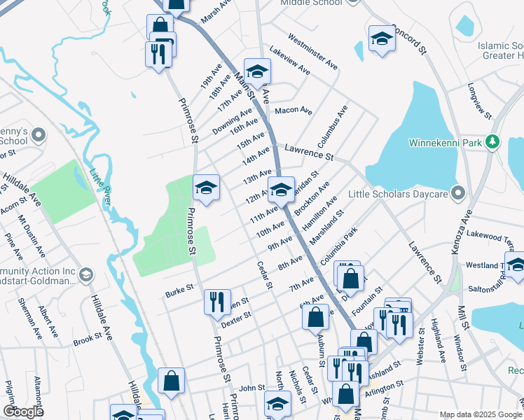 map of restaurants, bars, coffee shops, grocery stores, and more near 38 12th Avenue in Haverhill