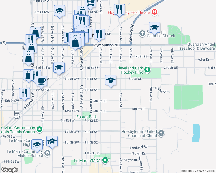 map of restaurants, bars, coffee shops, grocery stores, and more near 300-398 3rd Ave SE in Le Mars