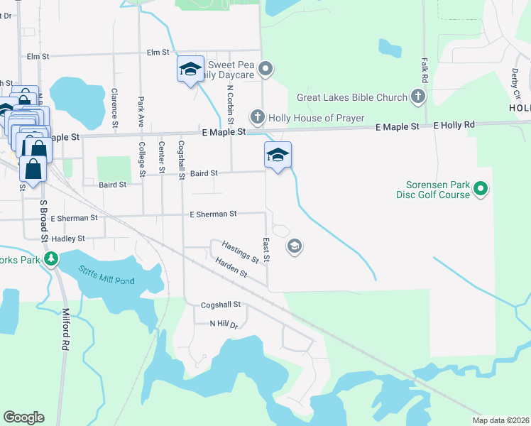 map of restaurants, bars, coffee shops, grocery stores, and more near 222 East Street in Holly