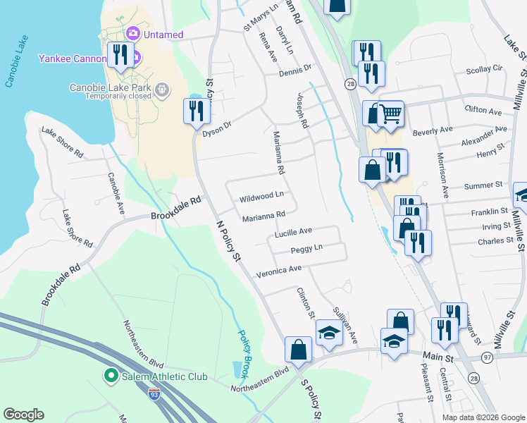 map of restaurants, bars, coffee shops, grocery stores, and more near 6 Wildwood Lane in Salem