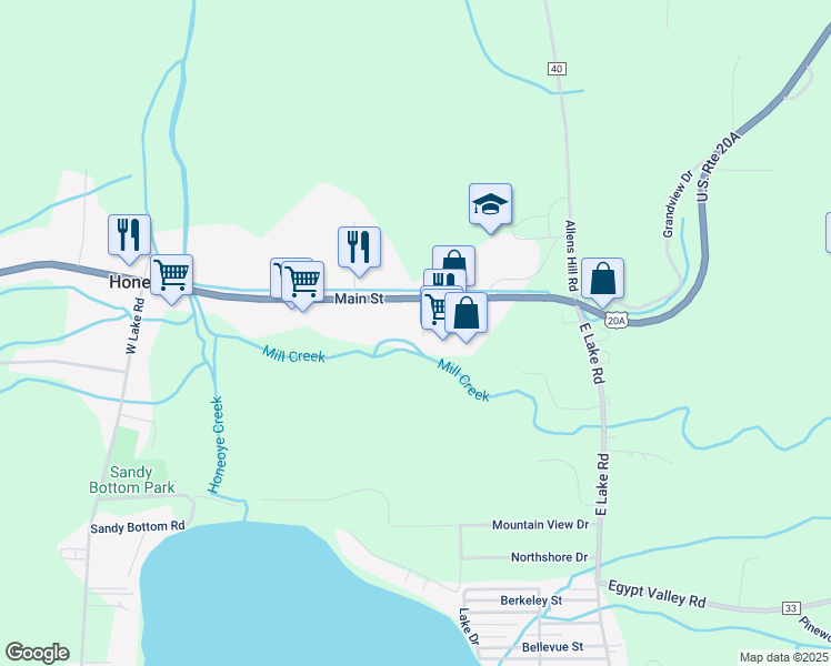 map of restaurants, bars, coffee shops, grocery stores, and more near 8587 Main Street in Honeoye