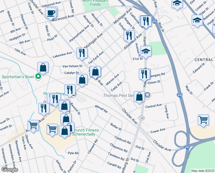map of restaurants, bars, coffee shops, grocery stores, and more near 934 Marion Avenue in Schenectady