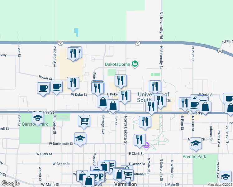 map of restaurants, bars, coffee shops, grocery stores, and more near 914 North Dakota Street in Vermillion