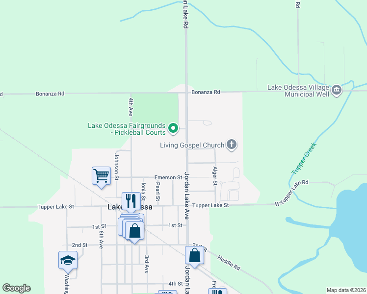 map of restaurants, bars, coffee shops, grocery stores, and more near 1635 Jordan Lake Avenue in Lake Odessa