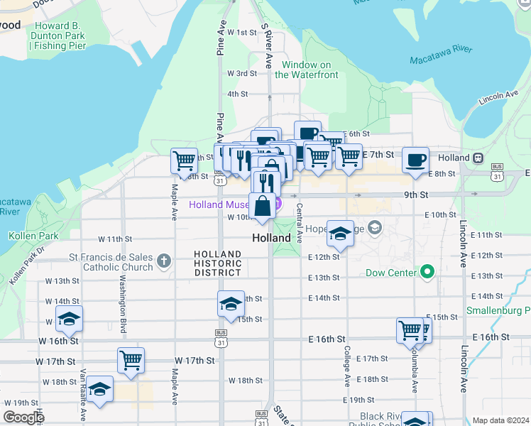 map of restaurants, bars, coffee shops, grocery stores, and more near 240 South River Avenue in Holland