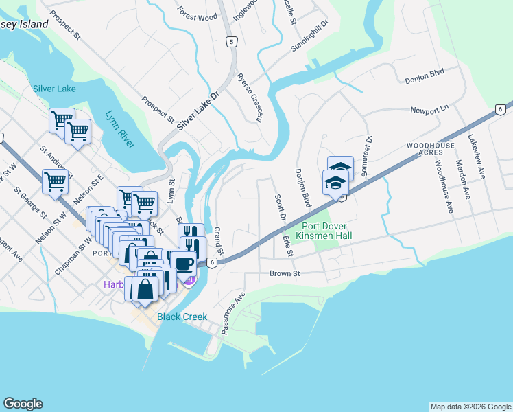 map of restaurants, bars, coffee shops, grocery stores, and more near 1 Oak Ridge Court in Port Dover