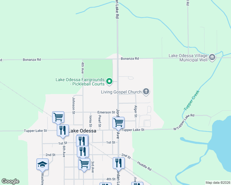 map of restaurants, bars, coffee shops, grocery stores, and more near 1635 Jordan Lake Avenue in Lake Odessa
