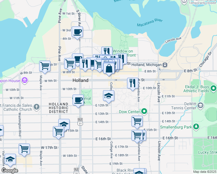 map of restaurants, bars, coffee shops, grocery stores, and more near 57 East 10th Street in Holland