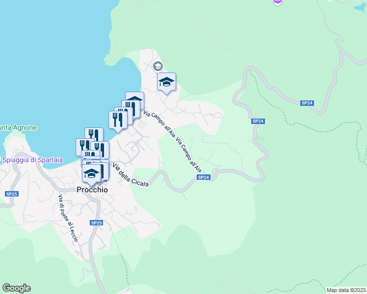map of restaurants, bars, coffee shops, grocery stores, and more near 279 Via Campo all'Aia in Procchio