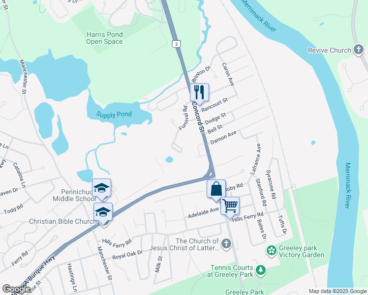 map of restaurants, bars, coffee shops, grocery stores, and more near 39 Furnival Road in Nashua