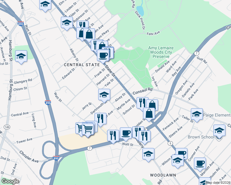 map of restaurants, bars, coffee shops, grocery stores, and more near 11 Princeton Street in Schenectady