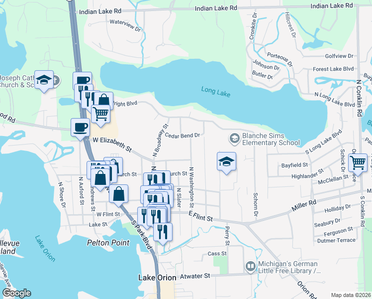 map of restaurants, bars, coffee shops, grocery stores, and more near 462 North Washington Street in Orion charter Township
