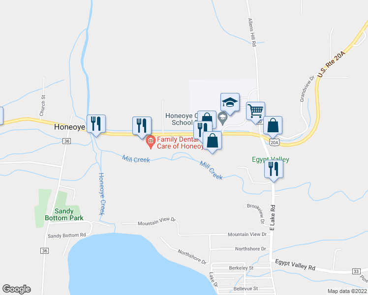 map of restaurants, bars, coffee shops, grocery stores, and more near 8586 Main Street in Honeoye
