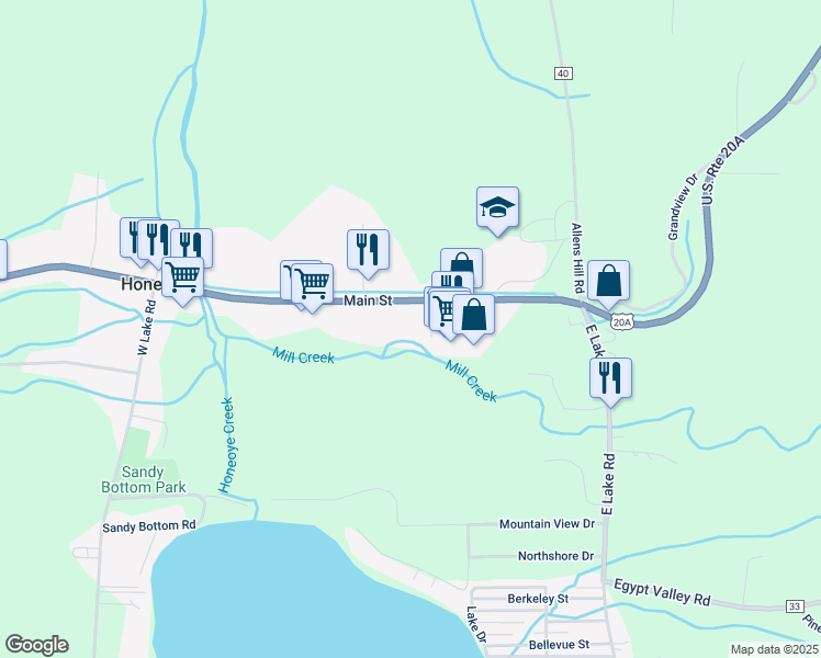 map of restaurants, bars, coffee shops, grocery stores, and more near 8587 Main Street in Honeoye