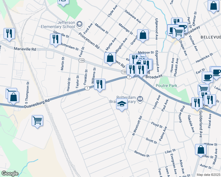 map of restaurants, bars, coffee shops, grocery stores, and more near 2970 Guilderland Avenue in Schenectady