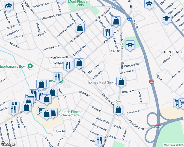 map of restaurants, bars, coffee shops, grocery stores, and more near 934 Marion Avenue in Schenectady