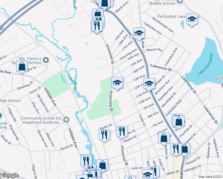 map of restaurants, bars, coffee shops, grocery stores, and more near 415 Primrose Street in Haverhill