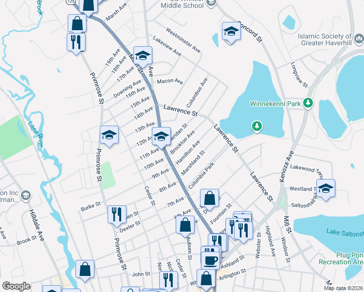 map of restaurants, bars, coffee shops, grocery stores, and more near 22 Brockton Avenue in Haverhill