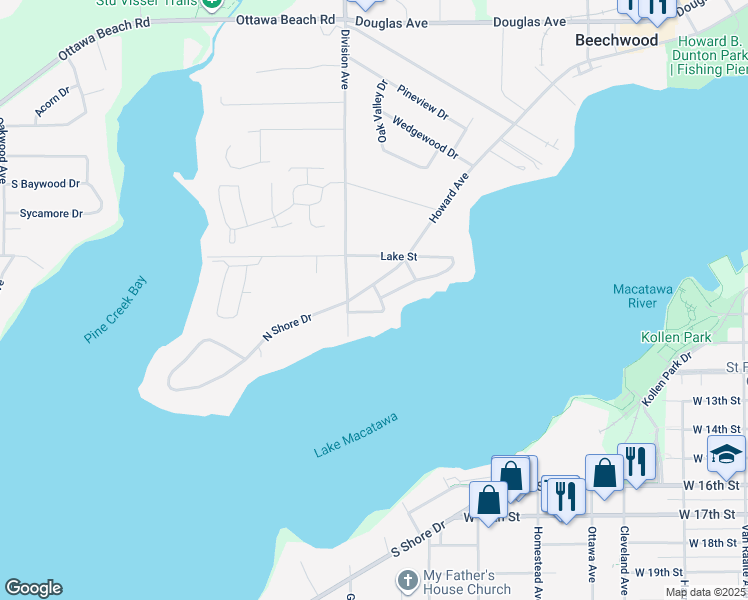 map of restaurants, bars, coffee shops, grocery stores, and more near 646 North Shore Drive in Holland