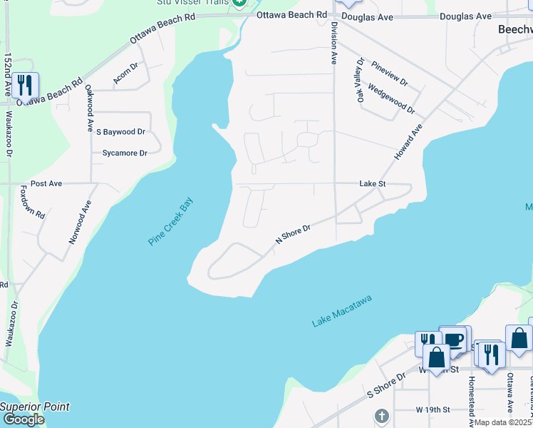 map of restaurants, bars, coffee shops, grocery stores, and more near 229 Bay Breeze Lane in Holland