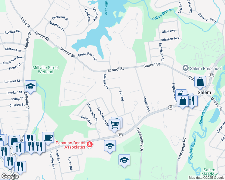 map of restaurants, bars, coffee shops, grocery stores, and more near 2 Kim Road in Salem
