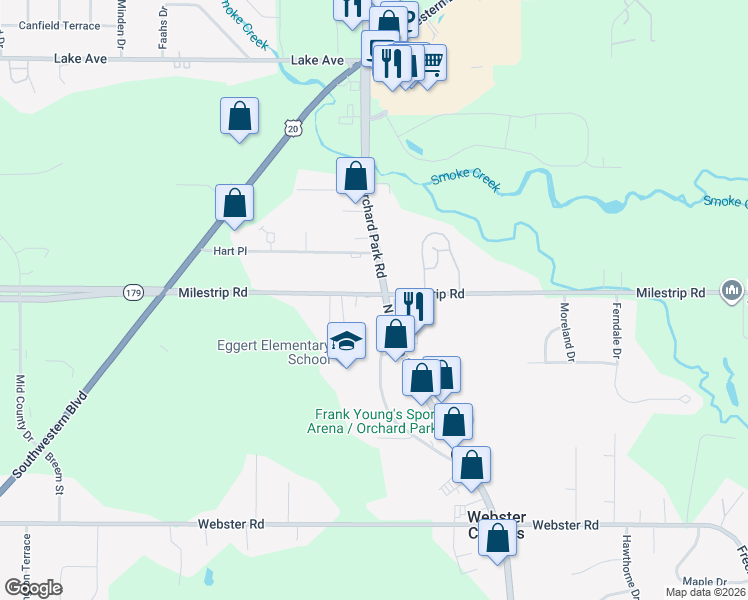 map of restaurants, bars, coffee shops, grocery stores, and more near 3504 North Buffalo Road in Orchard Park