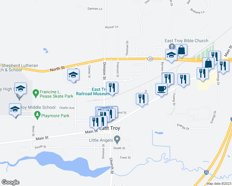 map of restaurants, bars, coffee shops, grocery stores, and more near 1998 Church Street in East Troy