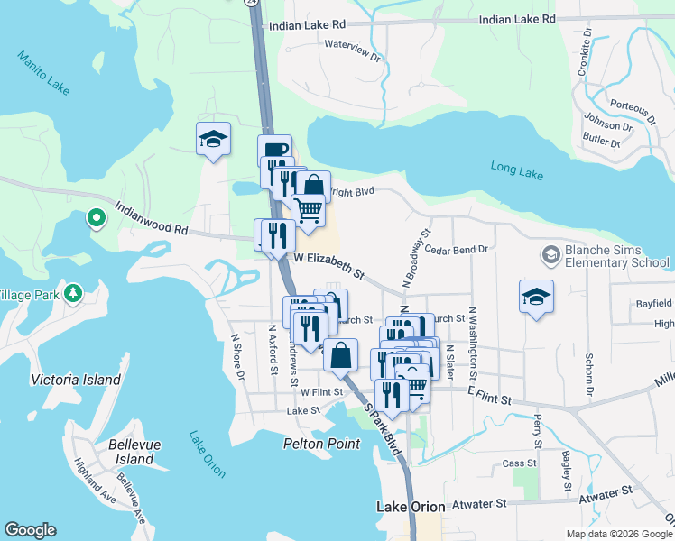 map of restaurants, bars, coffee shops, grocery stores, and more near 128 West Elizabeth Street in Orion charter Township