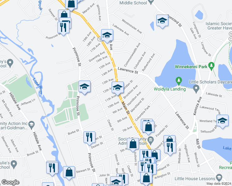 map of restaurants, bars, coffee shops, grocery stores, and more near 520 Main Street in Haverhill