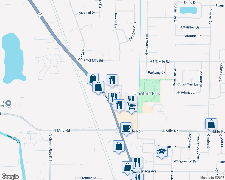 map of restaurants, bars, coffee shops, grocery stores, and more near 5001 Douglas Avenue in Racine