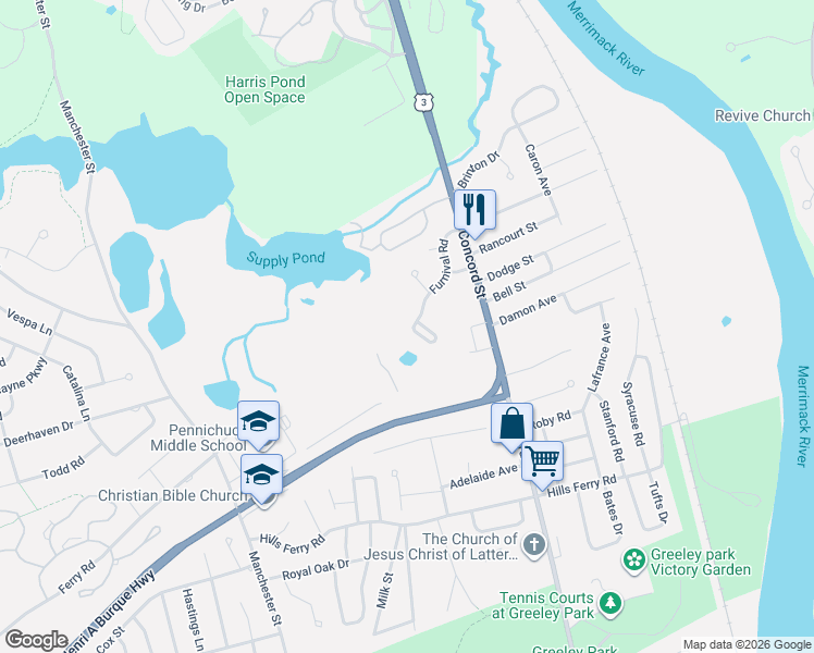 map of restaurants, bars, coffee shops, grocery stores, and more near 17 Furnival Road in Nashua