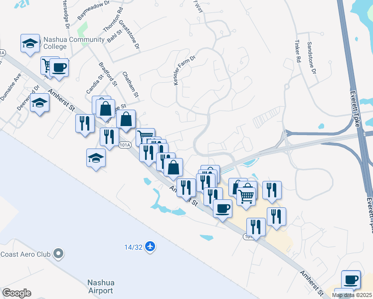 map of restaurants, bars, coffee shops, grocery stores, and more near 24 Kessler Farm Drive in Nashua