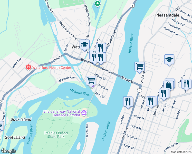 map of restaurants, bars, coffee shops, grocery stores, and more near 34 Middle Street in Waterford