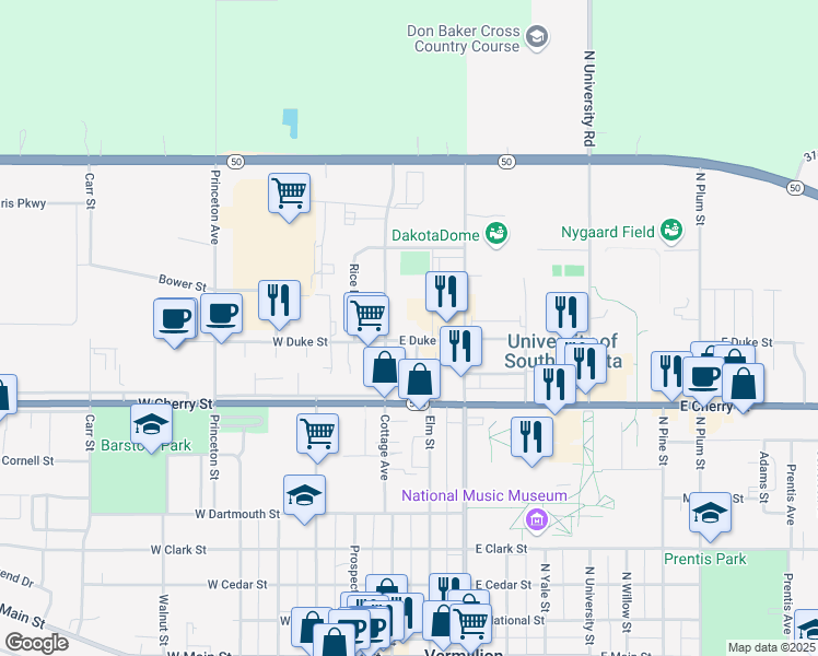 map of restaurants, bars, coffee shops, grocery stores, and more near 24 East Duke Street in Vermillion