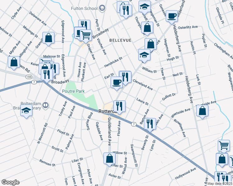 map of restaurants, bars, coffee shops, grocery stores, and more near 2623 Guilderland Avenue in Rotterdam