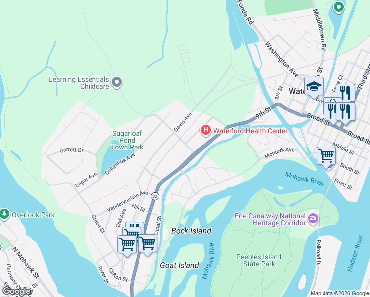 map of restaurants, bars, coffee shops, grocery stores, and more near 5 Van Ness Street in Waterford
