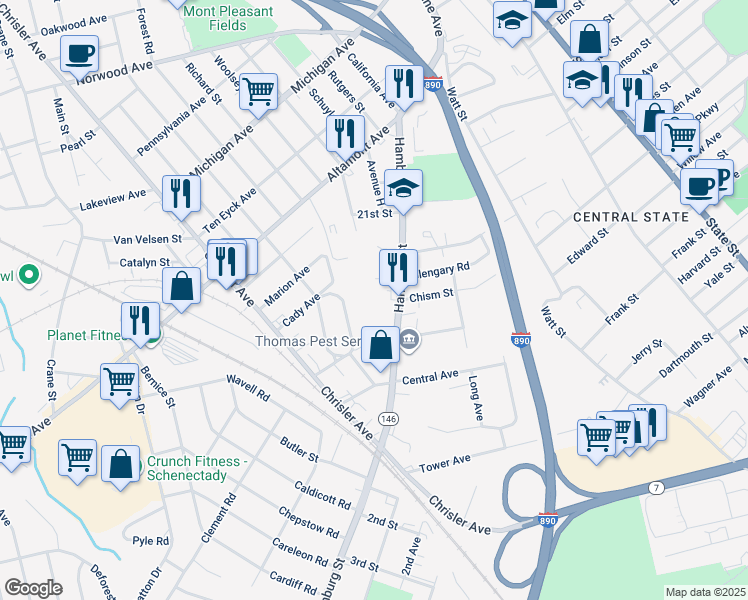 map of restaurants, bars, coffee shops, grocery stores, and more near 1940 Hamburg Street in Schenectady